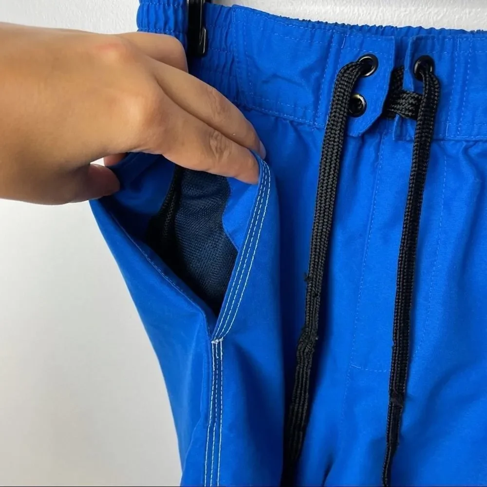 Adidas Solid Royal Blue White Track Stripes Swim Trunks w/ Pockets Drawstring L